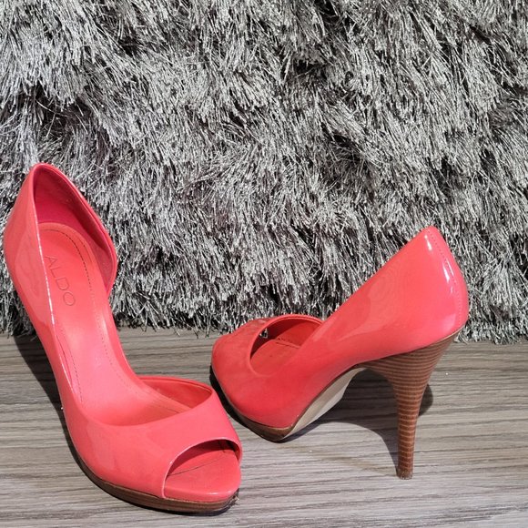 Aldo Heels Coral/Orange Peep Toe Wooden Platform Stiletto Sz: 37 (US 6.5) - Picture 4 of 9
